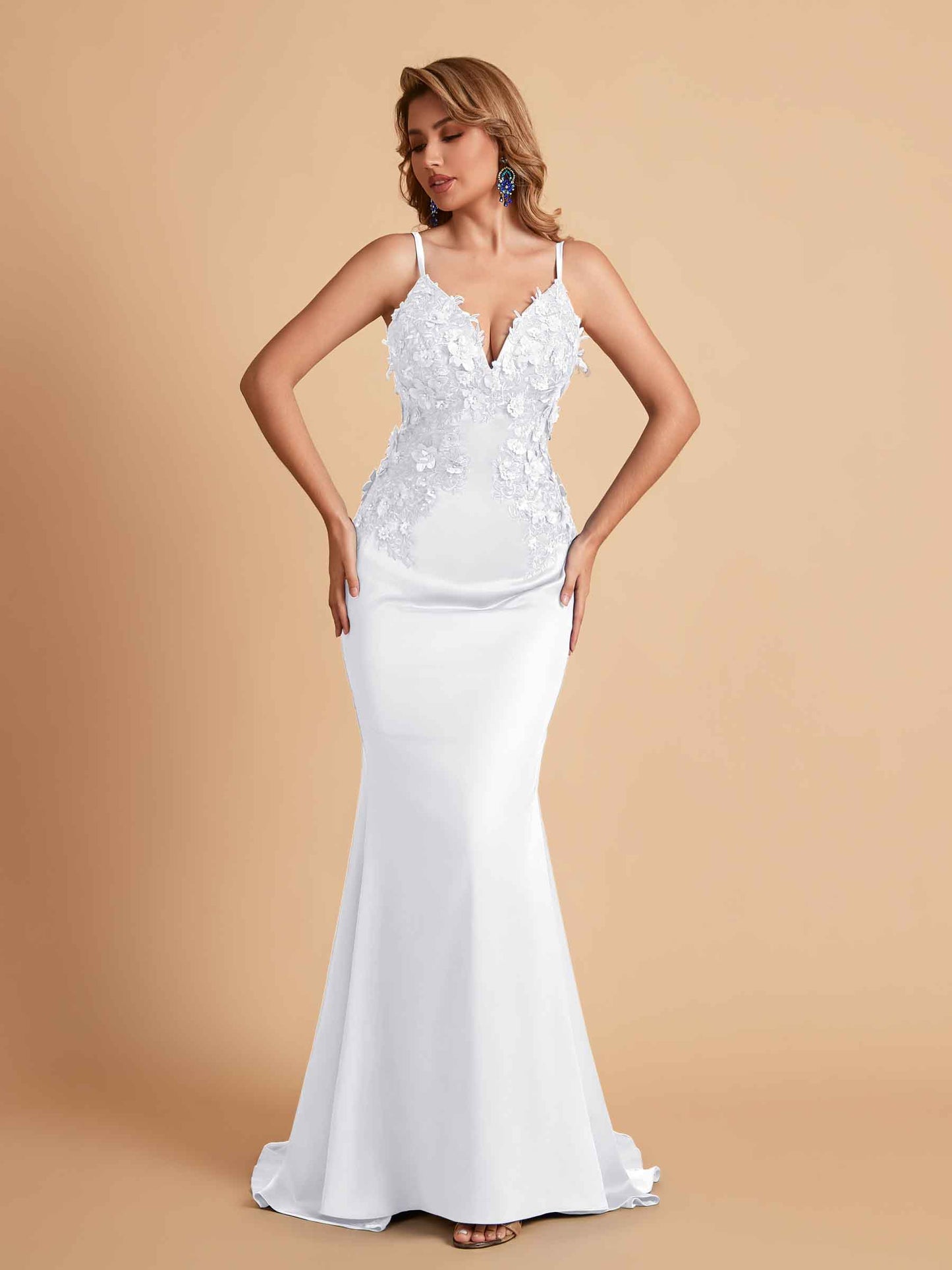 Sexy Satin Spaghetti Straps V-neck Mermaid Floor Length Applique Bridesmaid Dresses