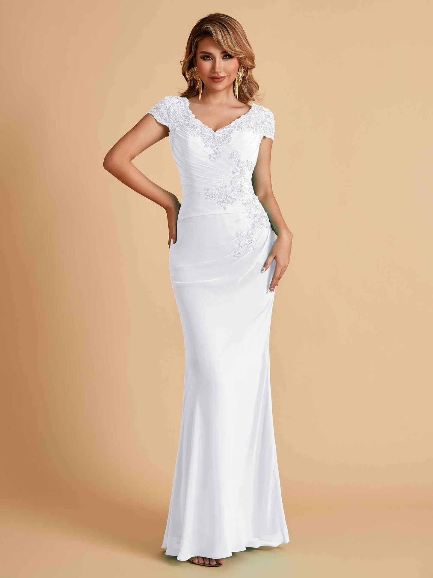 Elegant Mermaid Chiffon Cap Sleeves V-Neck Mother of the Brides Dresses Online