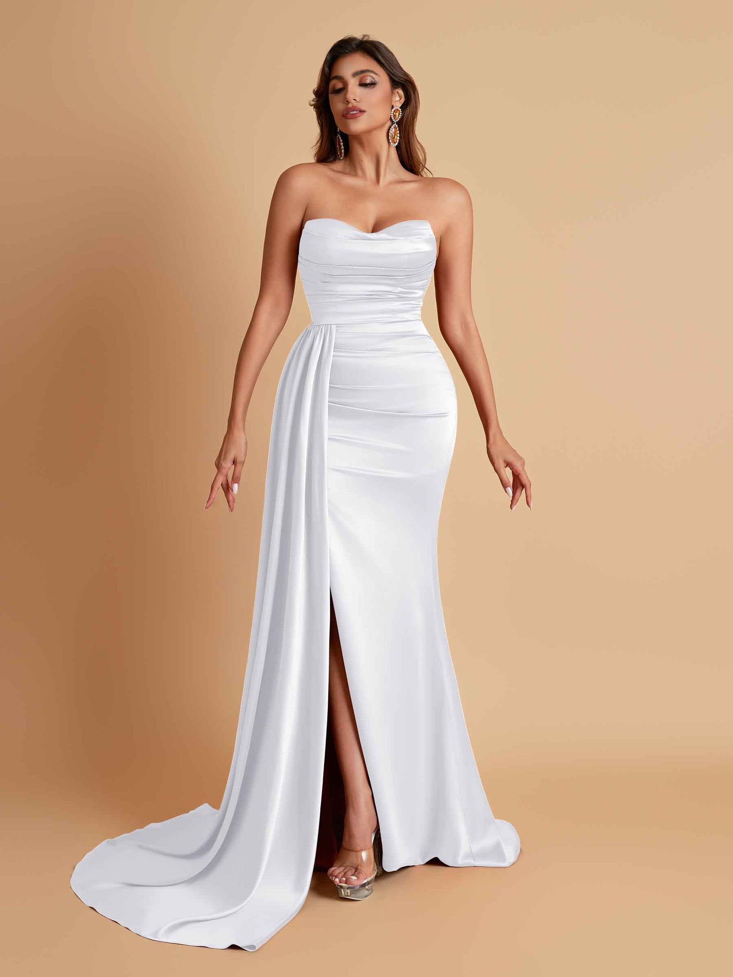 Elegant Soft Satin Sweetheart Strapless Side-Slit Mermaid Bridesmaid Dresses