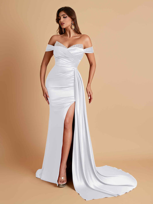 Gorgeous Soft Satin V-neck Off-the-Shoulder Side-Slit Mermaid Bridesmaid Dresses