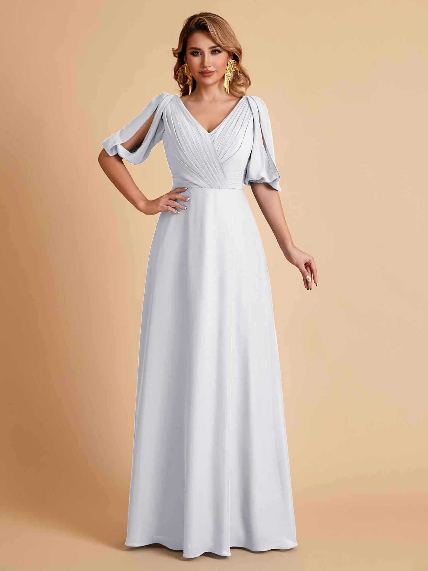 Elegant A-Line Chiffon Half Sleeves V-Neck Mother of the Brides Dresses Online