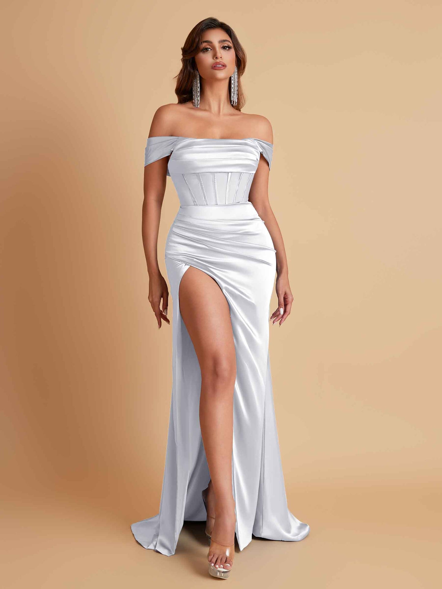 Sexy Off the Shoulder Soft Satin Side Slit Floor-Length Mermaid Bridesmaid Dresses