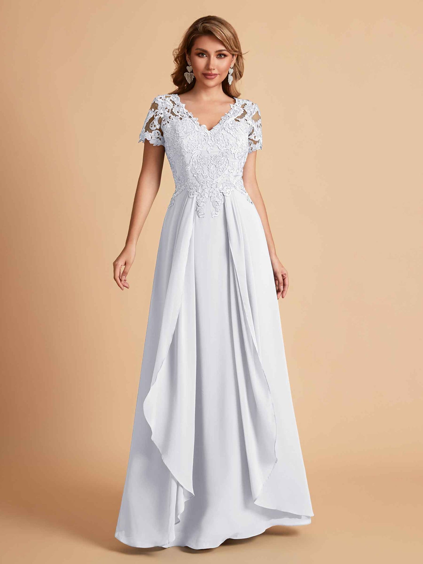 Elegant A-Line Chiffon Short Sleeves V-neck Mother of the Brides Dresses Lace Top MOB Dresses