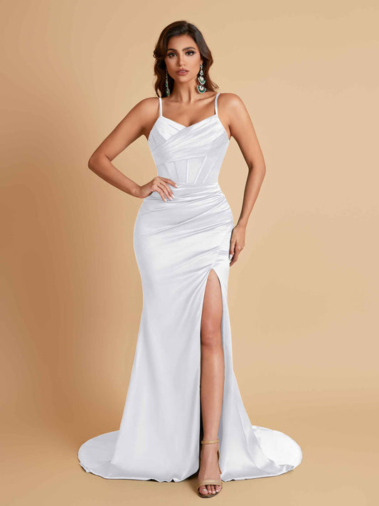 Sexy Spaghetti Straps V Neck Soft Satin Side Slit Floor-Length Mermaid Bridesmaid Dresses