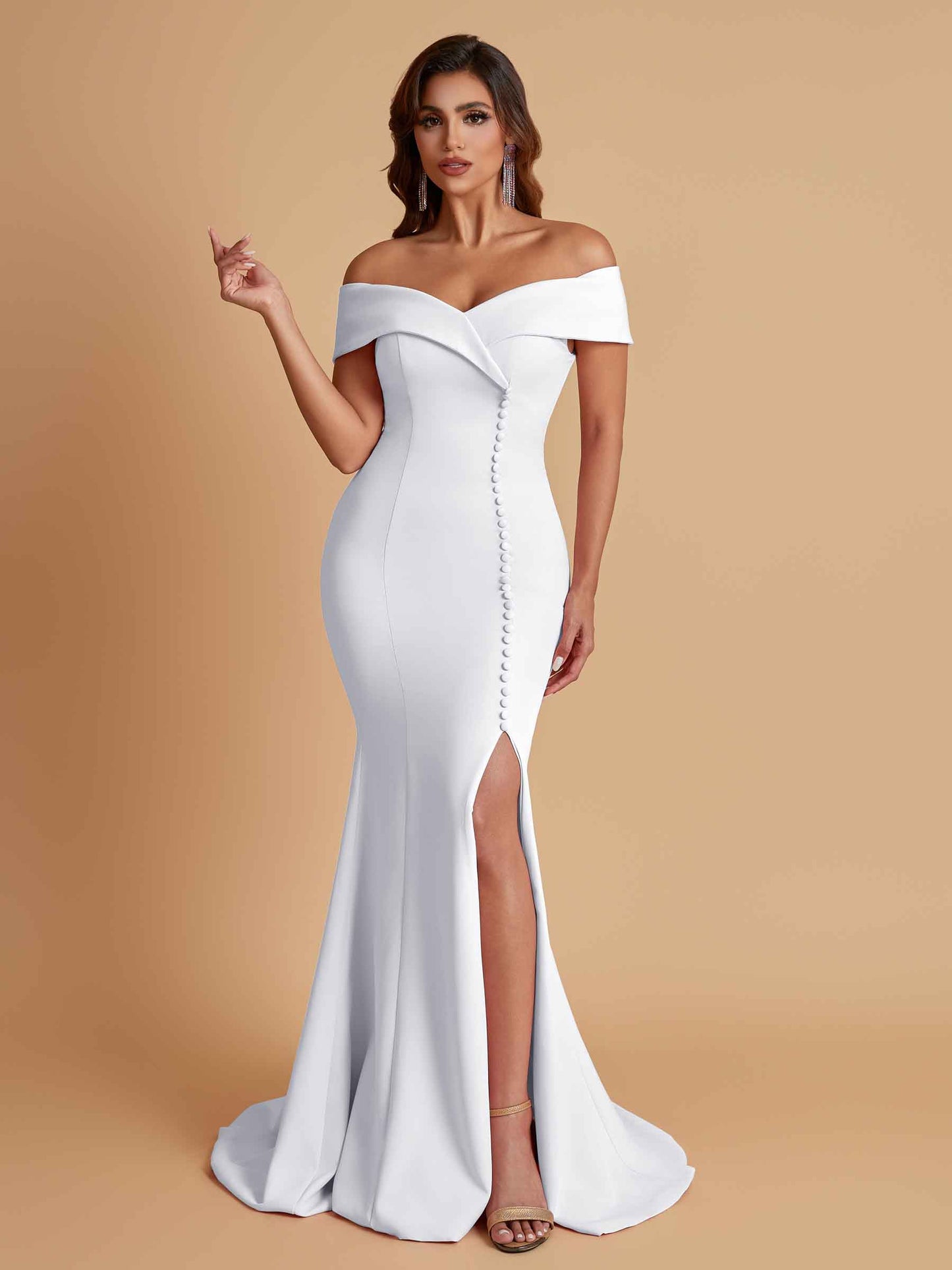Elegant Soft Satin Mermaid Off Shoulder Side Slit Floor-Length Bridesmaid Dresses