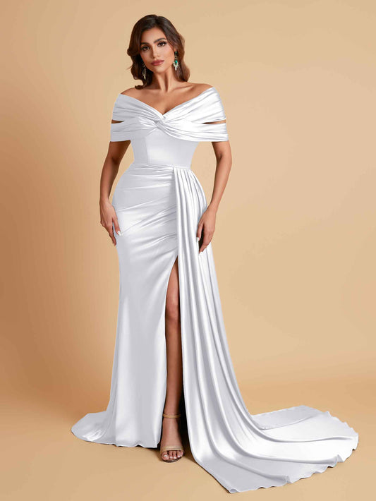Elegant Soft Satin V-neck Off-the-Shoulder Side-Slit Mermaid Bridesmaid Dresses