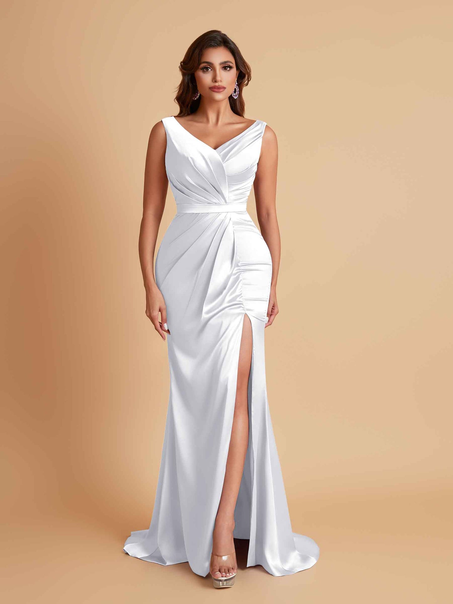 Elegant V Neck Soft Satin Side Slit Floor-Length Mermaid Bridesmaid Dresses