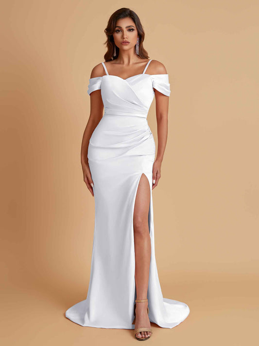 Sexy Soft Satin Mermaid Cold Shoulder Side Slit Floor-Length Bridesmaid Dresses Online