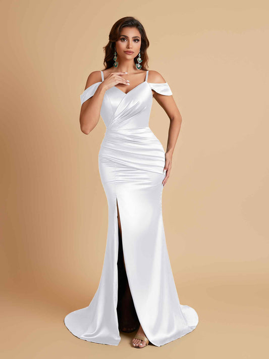 Sexy Soft Satin Mermaid Off Shoulder Side Slit Floor-Length Mermaid Bridesmaid Dresses