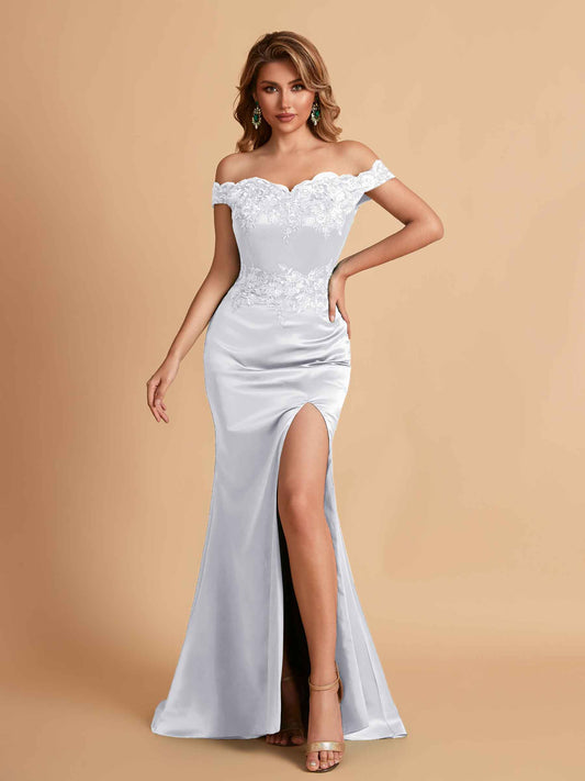 Elegant Satin Off Shoulder Mermaid Side Slit Floor Length Bridesmaid Dresses