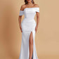 Elegant Soft Satin Mermaid Off Shoulder Asymmetrical Side Slit Floor-Length Bridesmaid Dresses