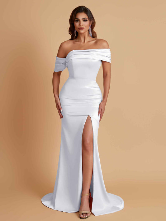 Elegant Soft Satin Mermaid Off Shoulder Asymmetrical Side Slit Floor-Length Bridesmaid Dresses