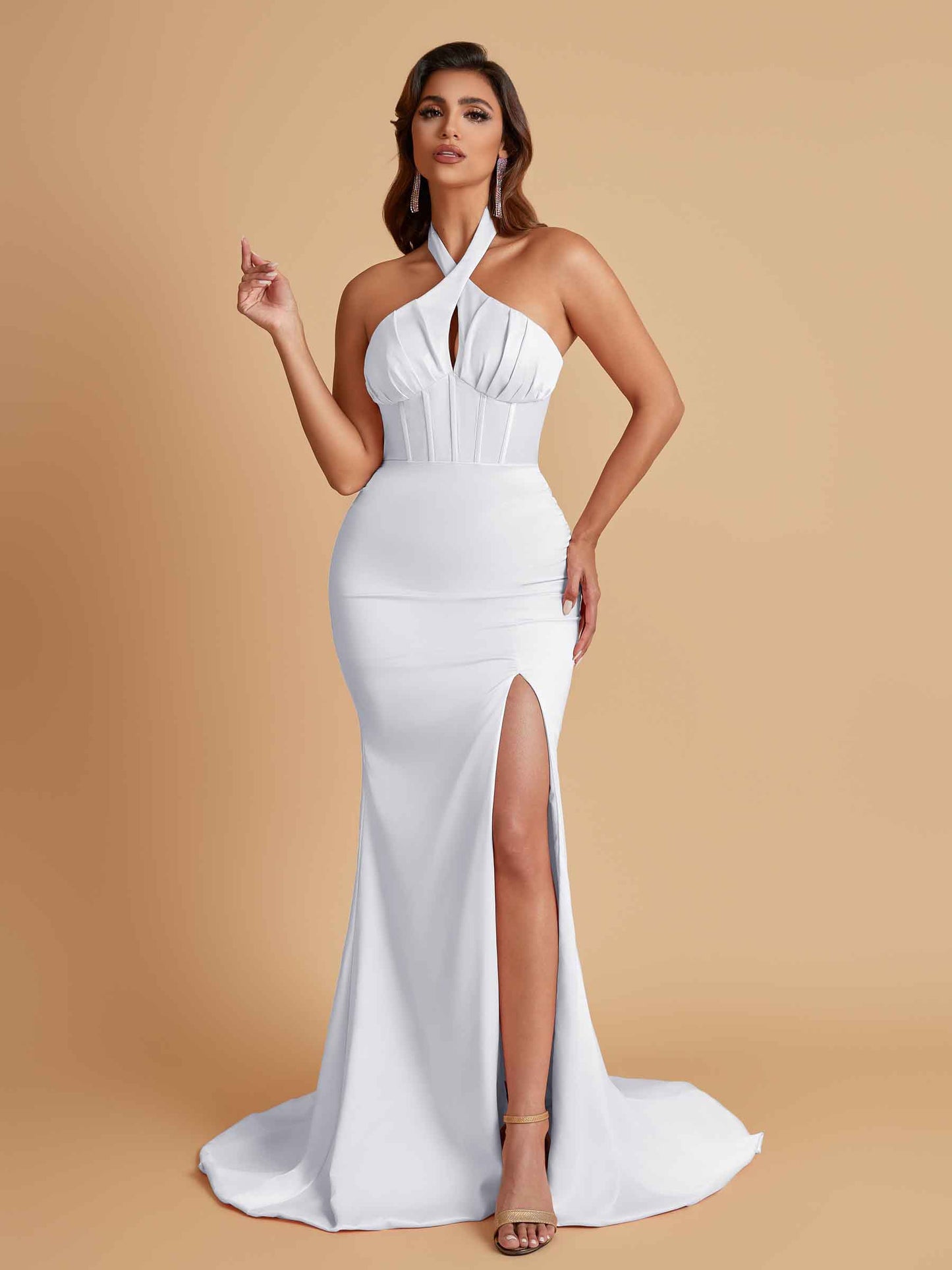 Elegant Soft Satin Mermaid Halter Side Slit Floor-Length Bridesmaid Dresses Online