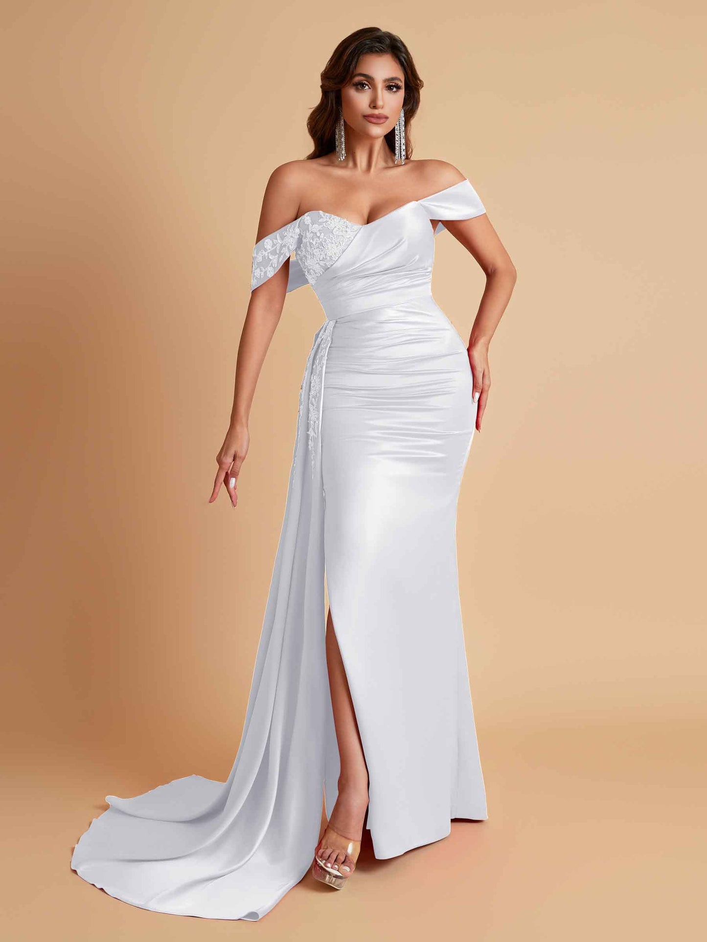 Elegant Soft Satin Mermaid Off Shoulder Floor-Length Mermaid Bridesmaid Dresses