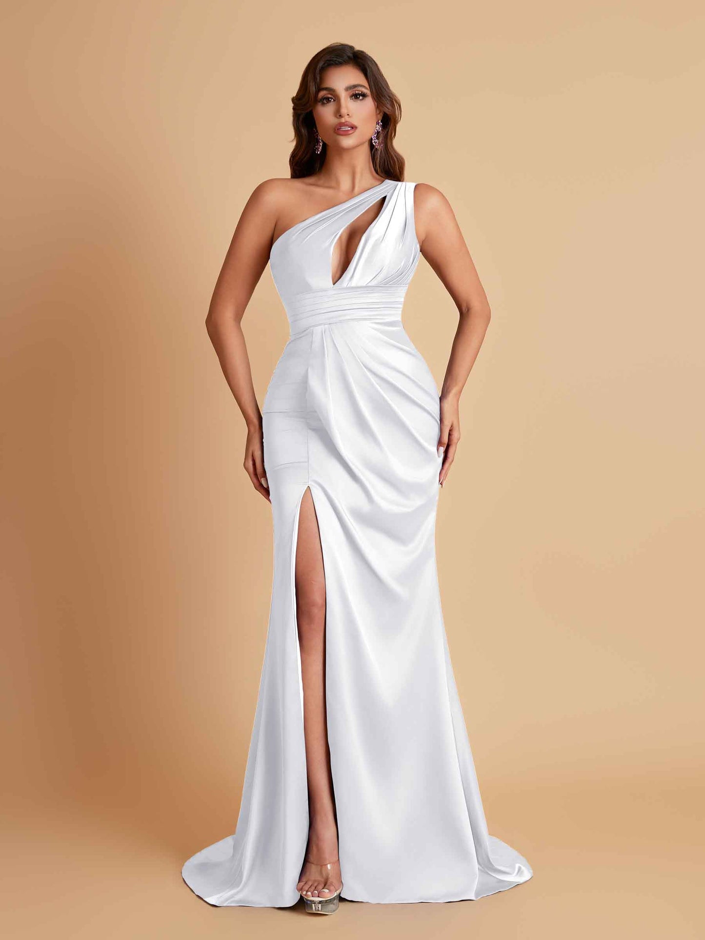Sexy One Shoulder Soft Satin Side Slit Floor-Length Mermaid Bridesmaid Dresses