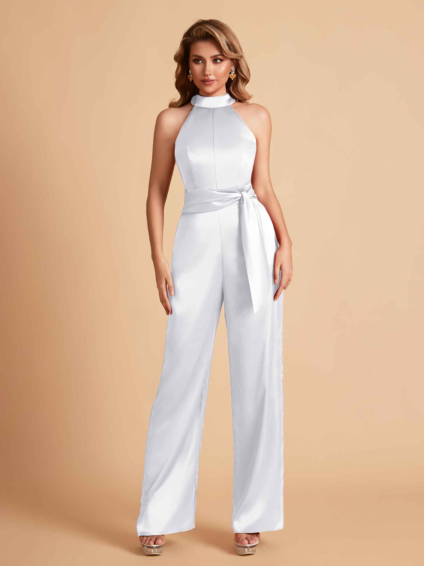 Elegant Satin Halter Sleeveless Satin Floor Length Bridesmaid Jumpsuit