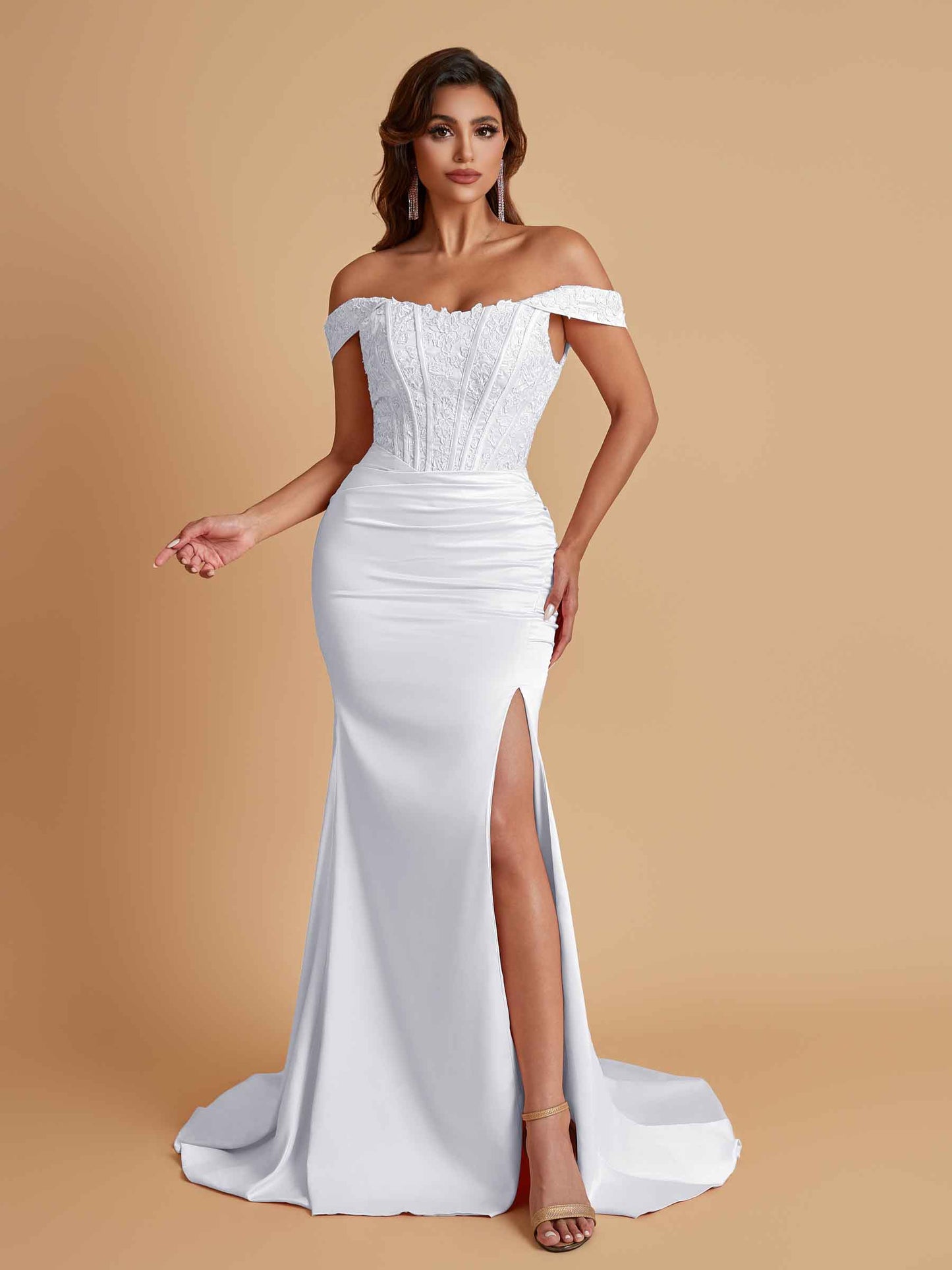 Elegant Soft Satin Mermaid Off Shoulder Side Slit Floor-Length Mermaid Bridesmaid Dresses