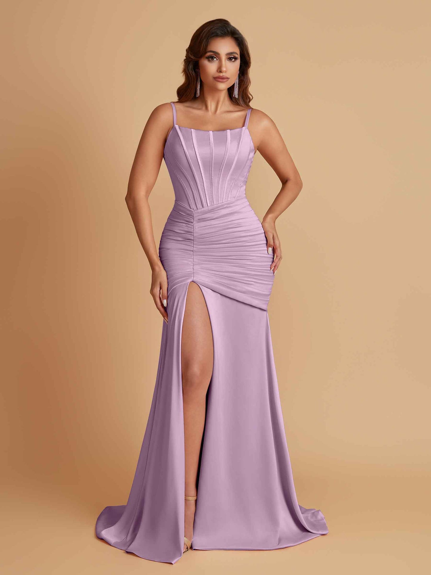 Sexy Soft Satin Mermaid Spaghetti Straps Side Slit Floor-Length Bridesmaid Dresses