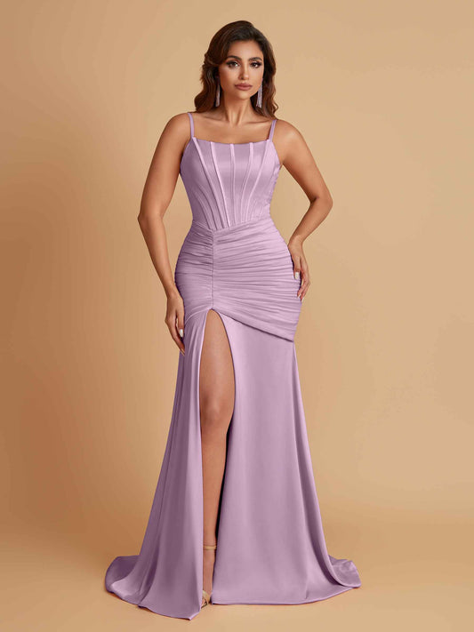 Sexy Soft Satin Mermaid Spaghetti Straps Side Slit Floor-Length Bridesmaid Dresses