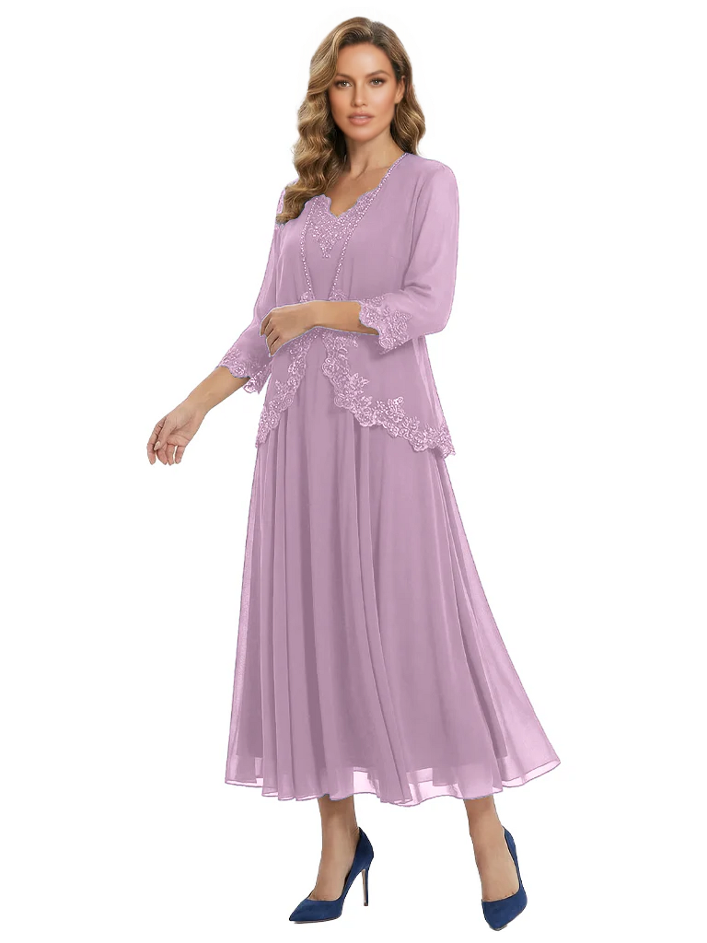 3/4 Sleeve Chiffon Mother of the Brides Dresses V-Neck Wedding Party Gowns