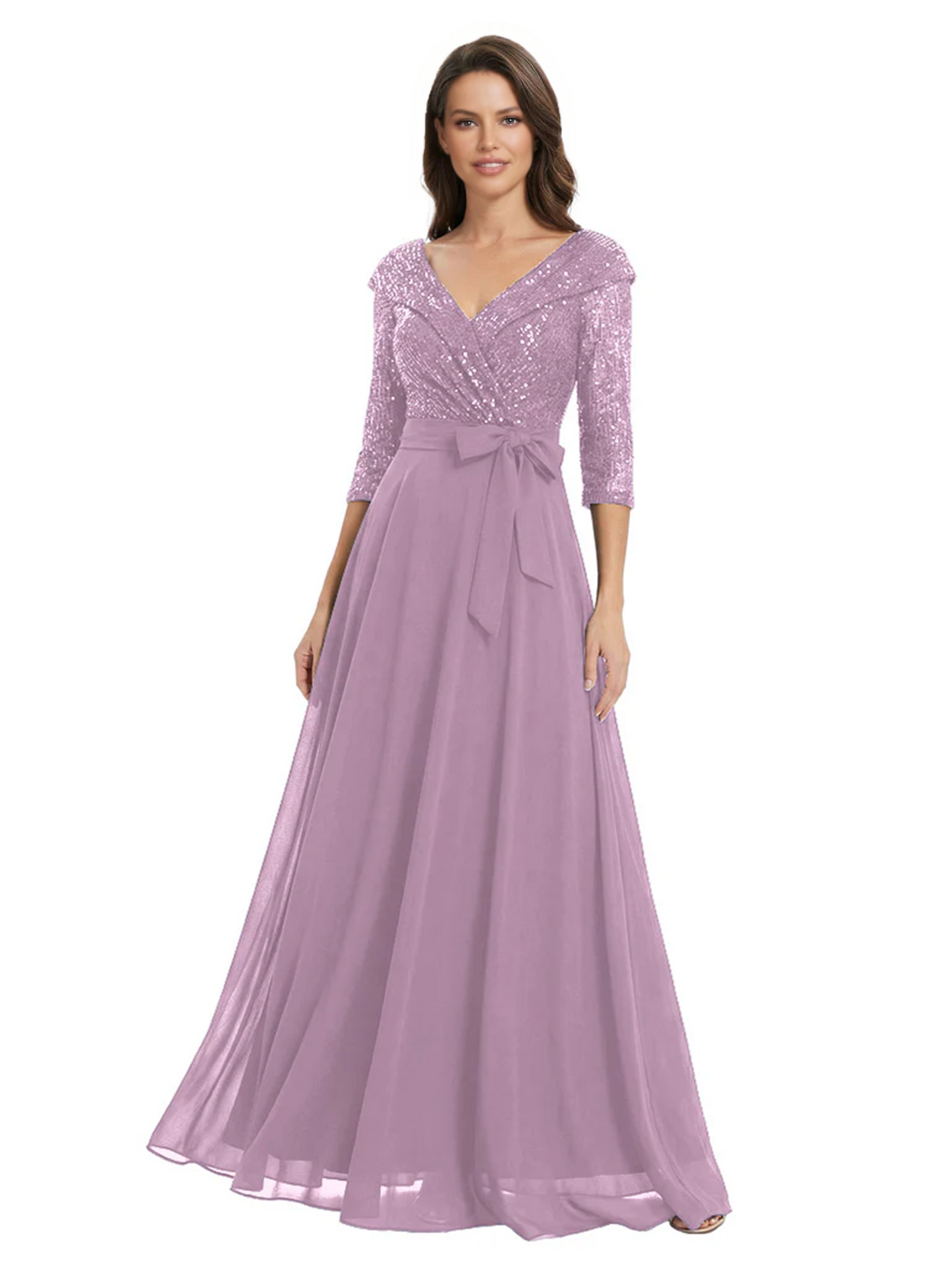 Chiffon Mother of the Bride Dress with Sequin V-Neck and Elegant Bow Sash