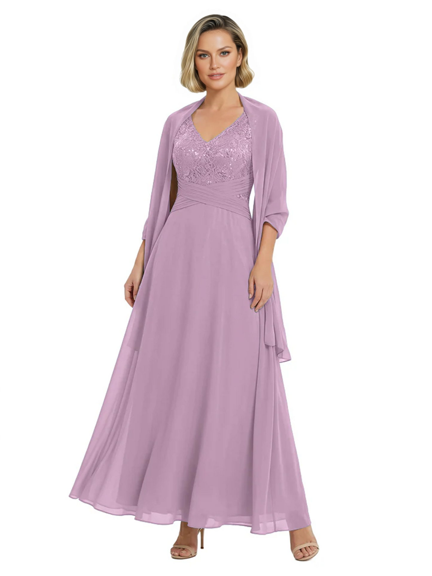 Luxury Formal Mother of Bride Dress Sparkling Sequin Top & Flowy Chiffon Skirt with Shawl