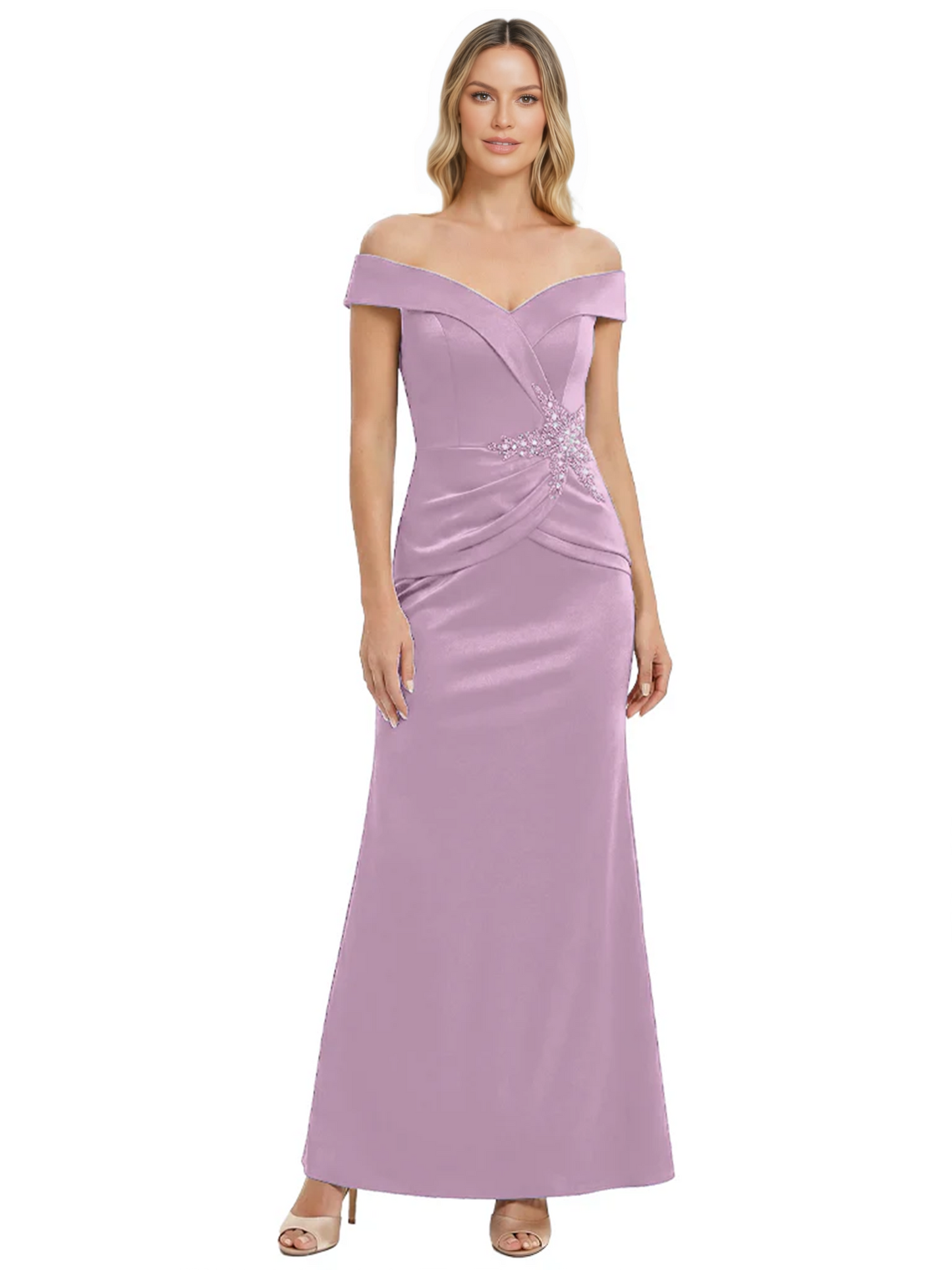 Off Shoulder Mother of the Bride Dress Beaded Waist Satin Gown Portrait Neckline