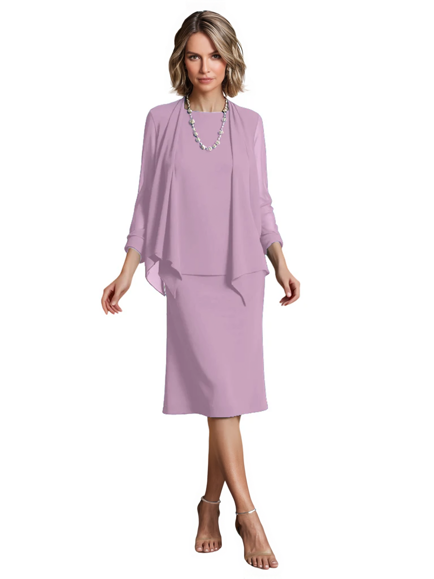 3 PCS Knee-Length Mother of Bride Dresses Prom Dress Evening Dress with Sheer Sleeves and Jacket