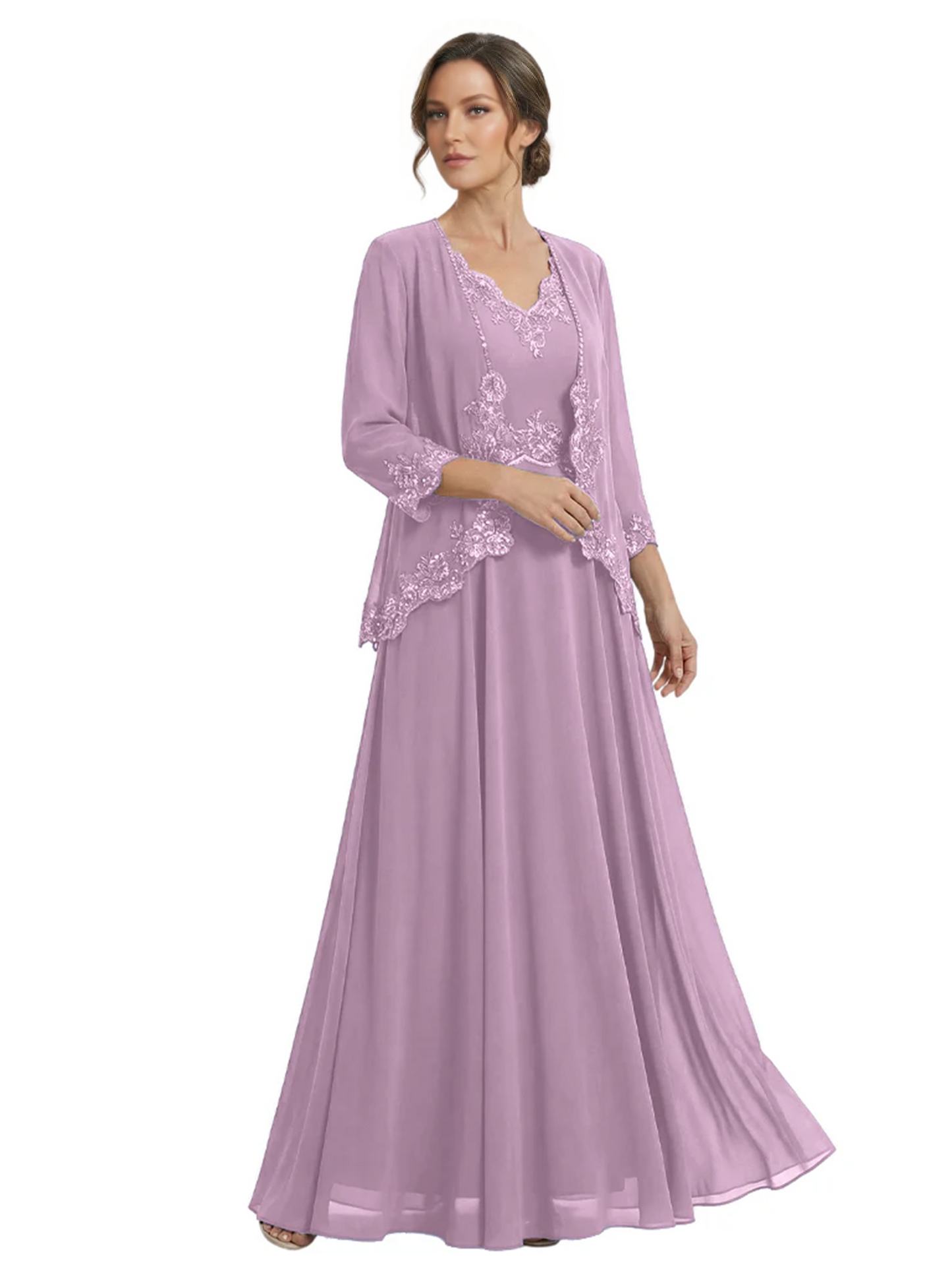Plus Size A-line Chiffon 3/4 Sleeves Mother of the Brides Dresses Long Jacket Dress