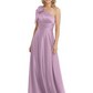 One-Shoulder Mother of the Bride Dress Satin Gown with Bow Ruched Empire Waist