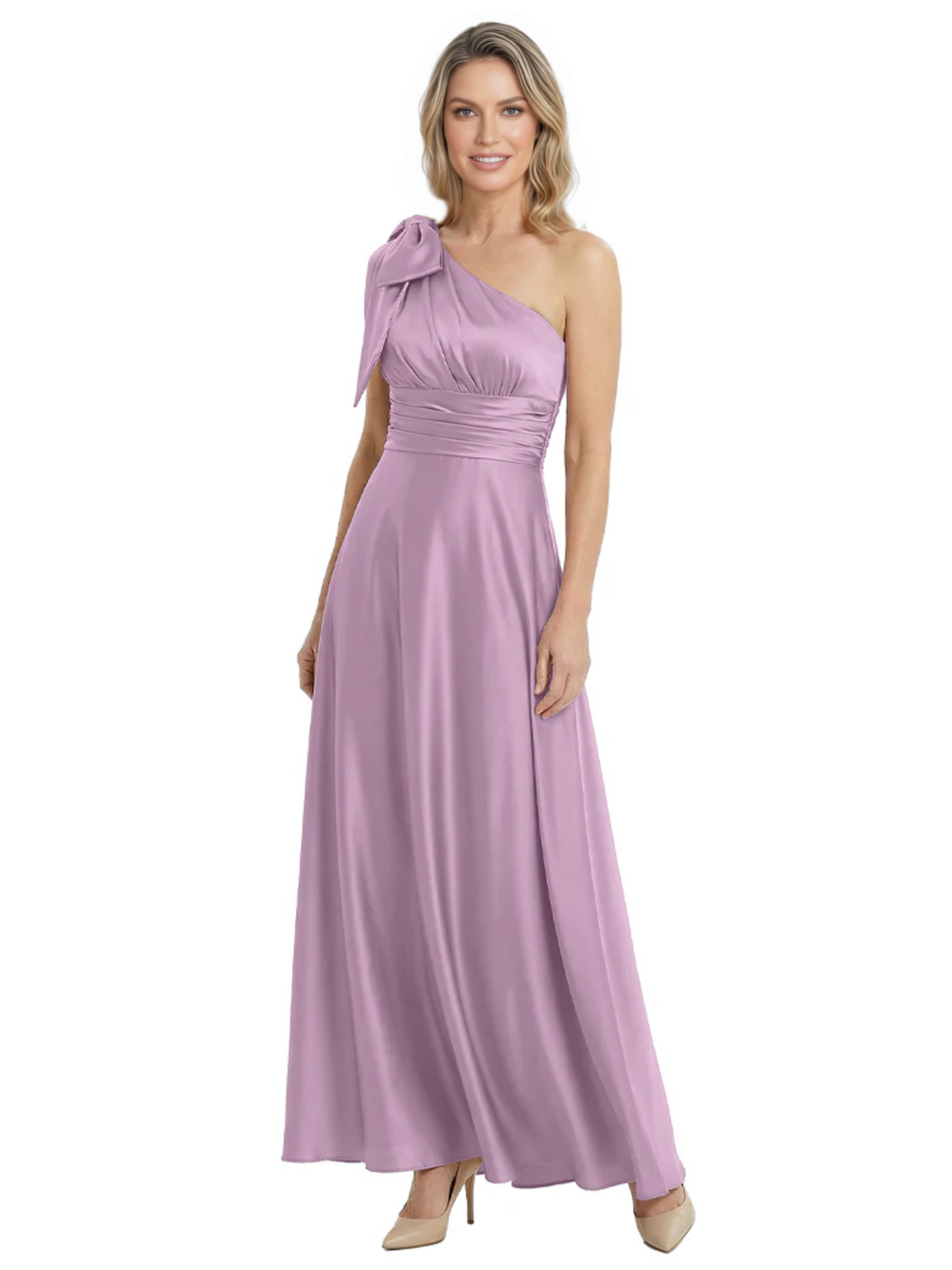 One-Shoulder Mother of the Bride Dress Satin Gown with Bow Ruched Empire Waist