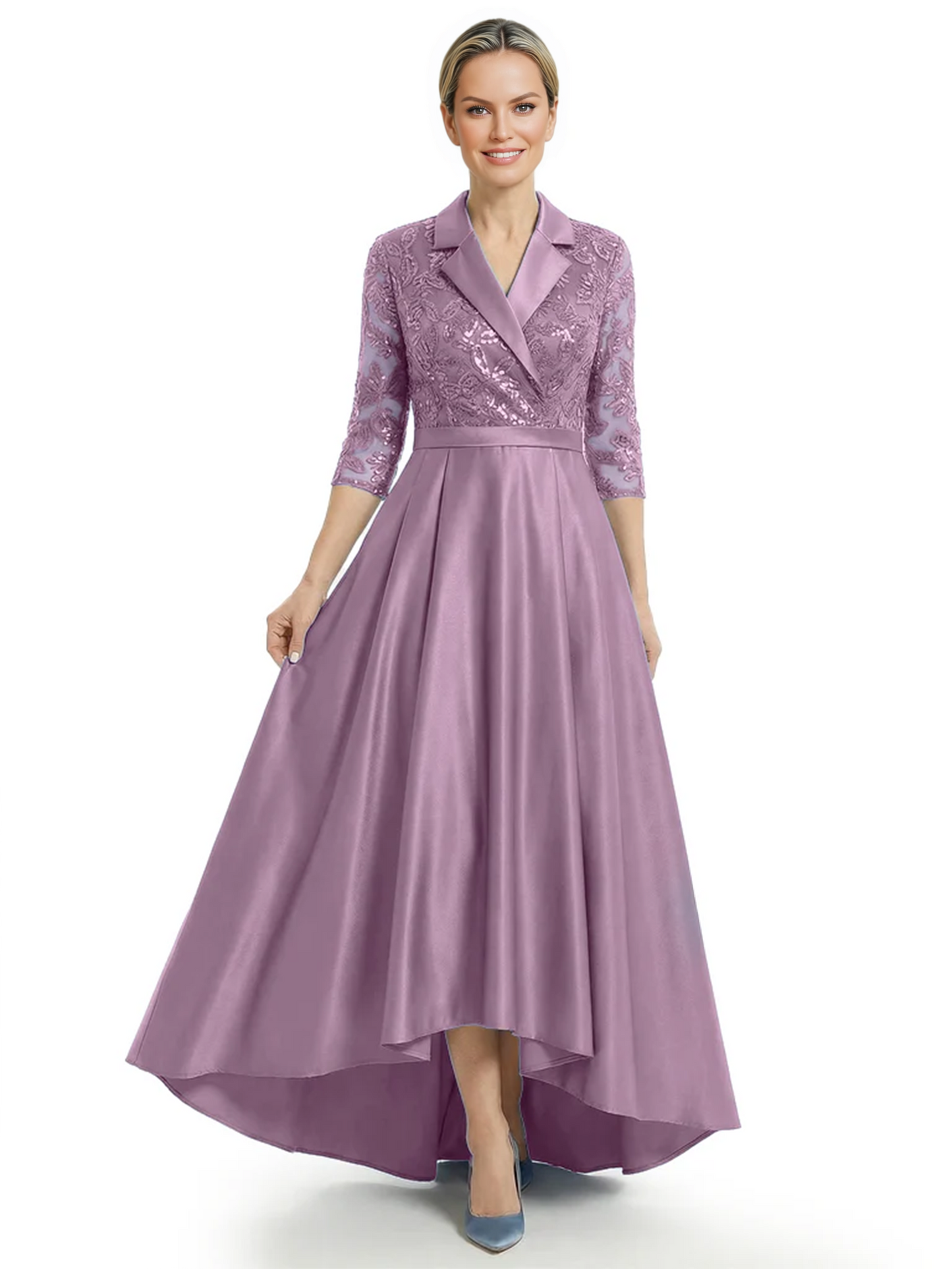 Elegant Mother of Bride Dress Evening Gowns Trending Styles with Lapel Collar 3/4 Sleeves