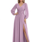 A-Line Mother of Bride Dress V-Neck Chiffon Gown Long Sleeves Slit Formal Dress