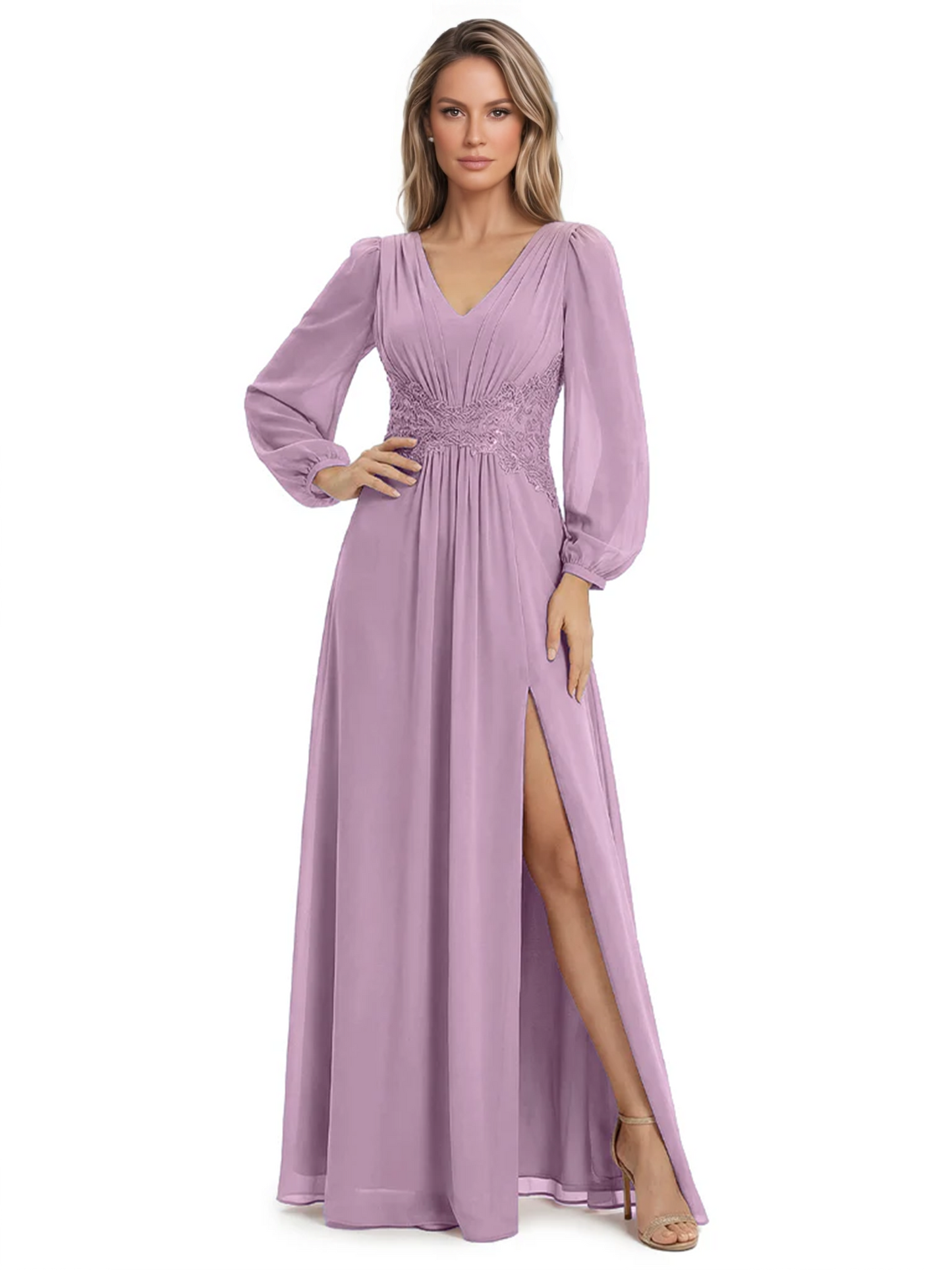 A-Line Mother of Bride Dress V-Neck Chiffon Gown Long Sleeves Slit Formal Dress