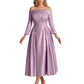 Off Shoulder Mother of the Bride Dress Tea-Length Satin Gown with Lace Applique