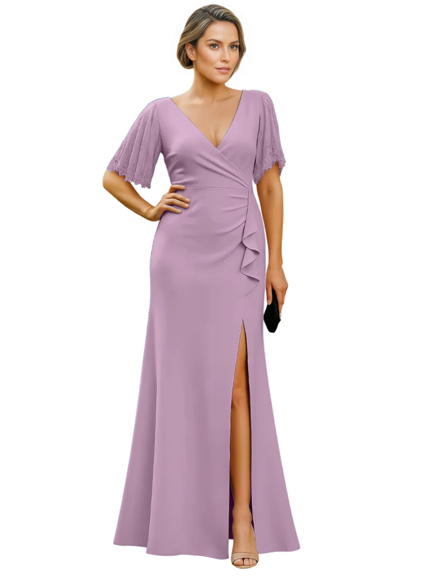 Elegant Evening Gown Trending V-Neck & Ruffle Detail Mother of Bride Outfits Slit