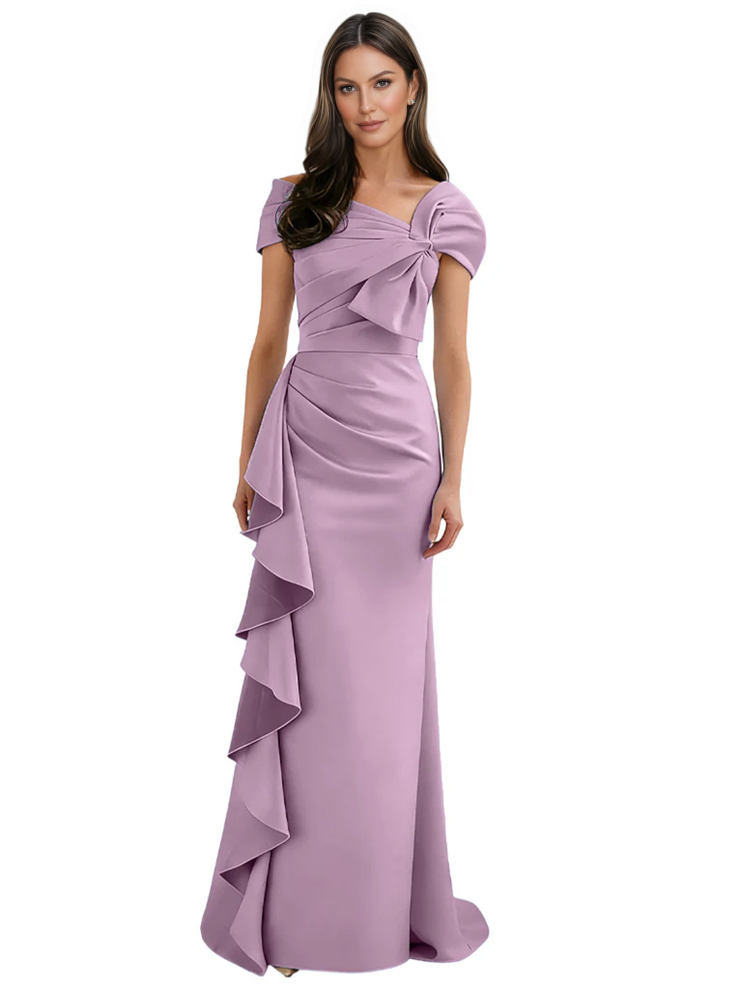 Elegant Mother of Bride Dress Formal Gowns Mermaid Ruffle Floor Length Asymmetric Neckline