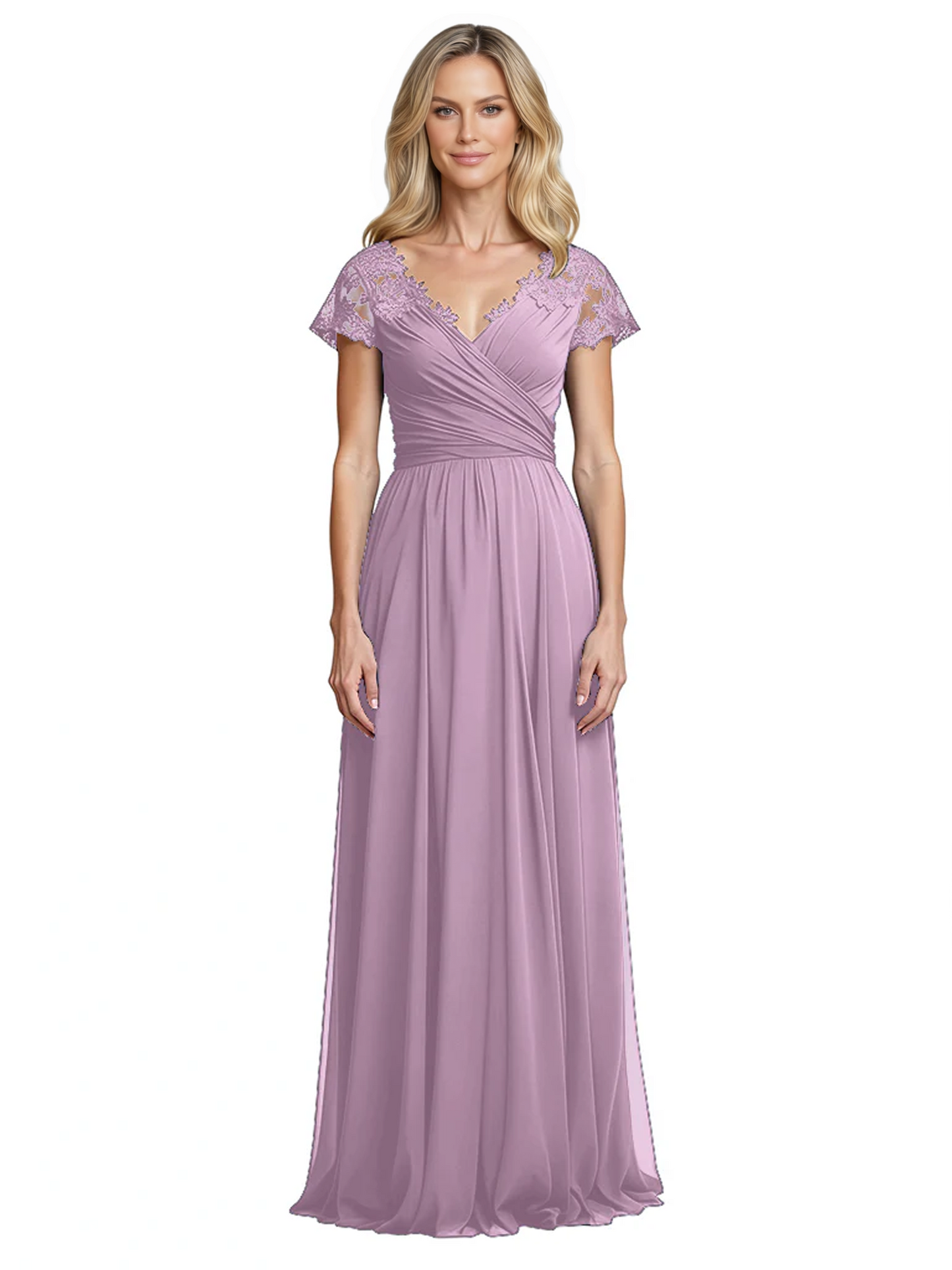 Mother of the Bride Dress Cap Sleeves and V-Neckline with Embroidered Lace Shoulders