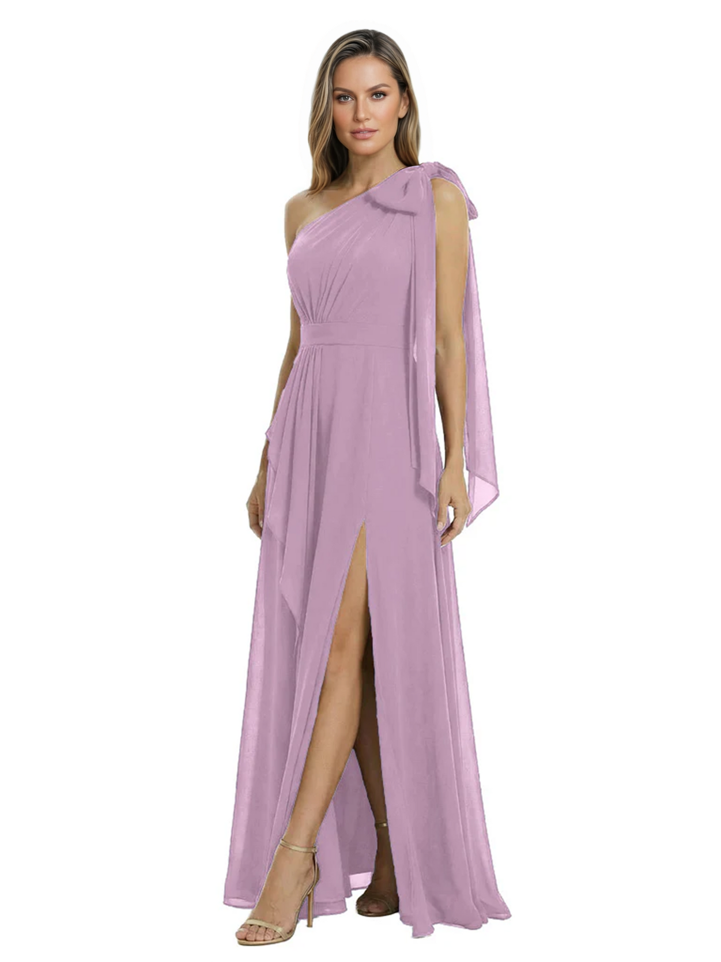 One-Shoulder Mother of the Bride Dress Chiffon Gown with Long Sash Detail