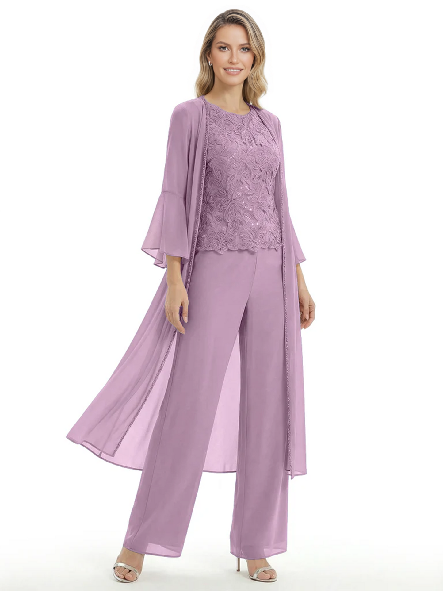 Elegant Pink 3-Piece Pant Set Trending 2026 Styles with Lace Wide-Leg Pants