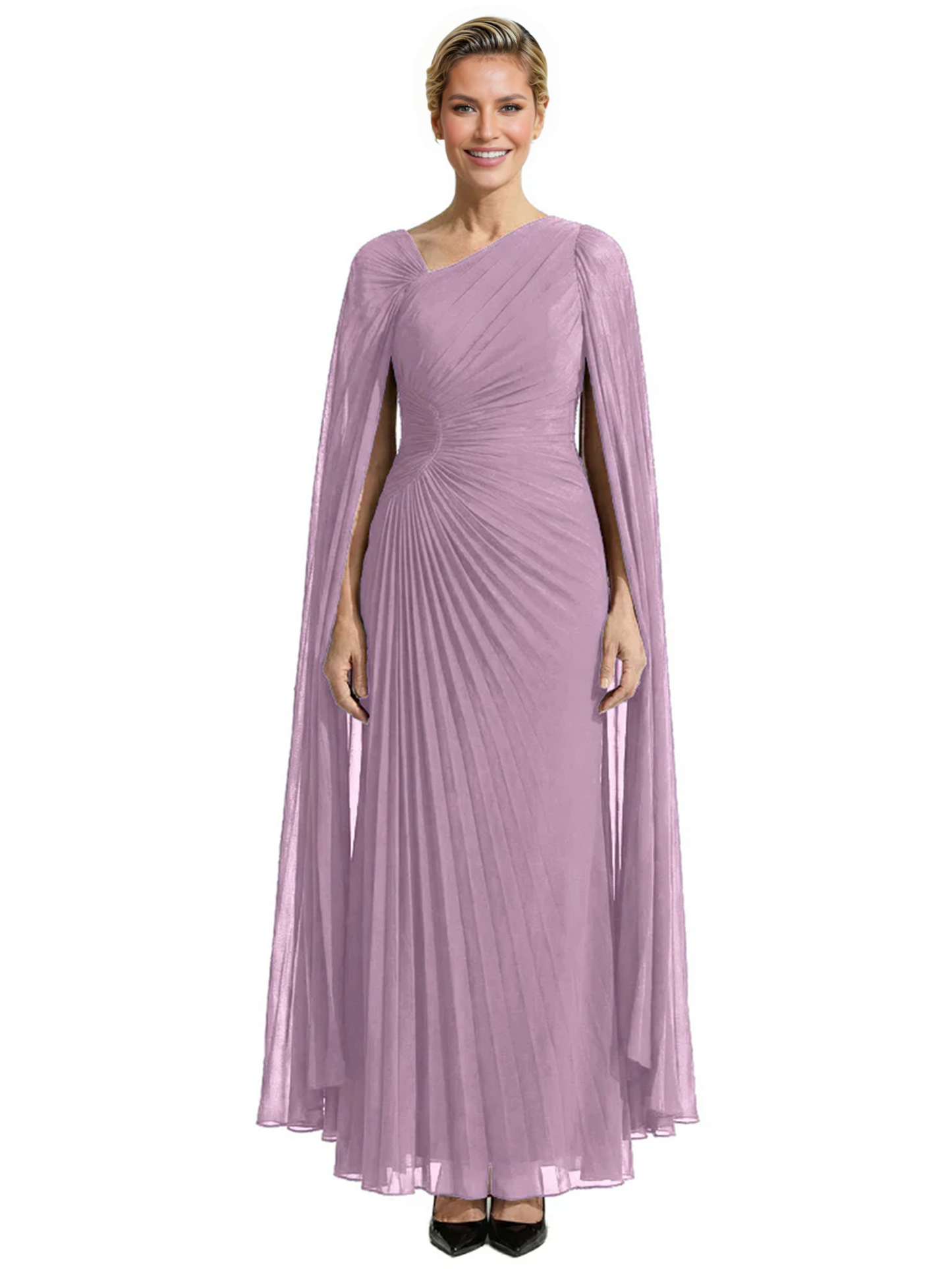 Elegant Asymmetric Neck Long A-Line Chiffon Mother of the Brides Dresses Mom Outfit with Cape