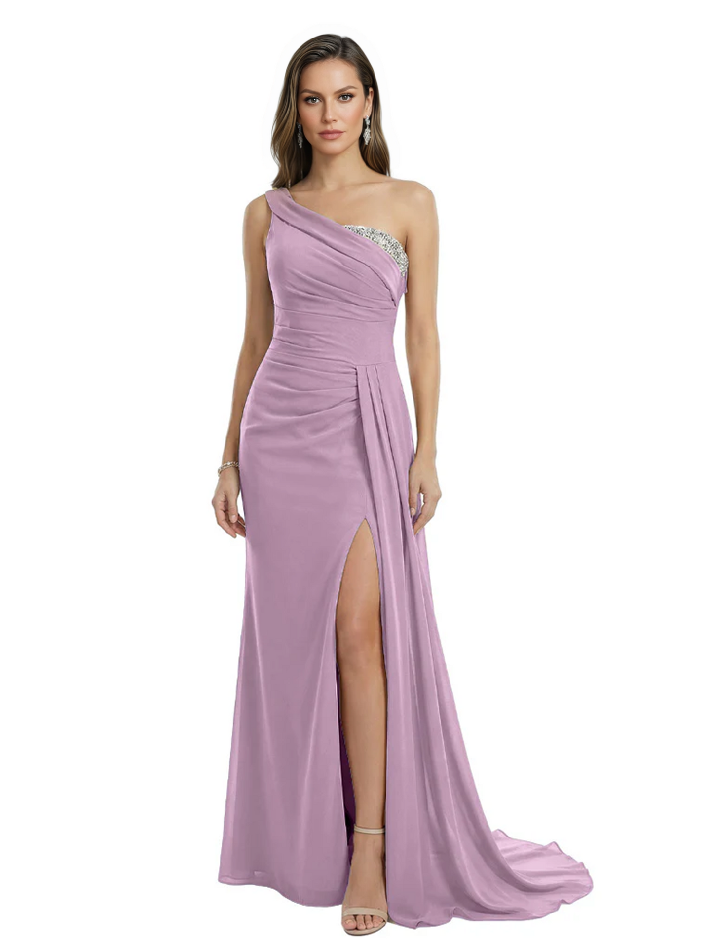 One Shoulder Mother of Bride Dress Ruffle Formal Gowns Mermaid Floor Length Train Slit