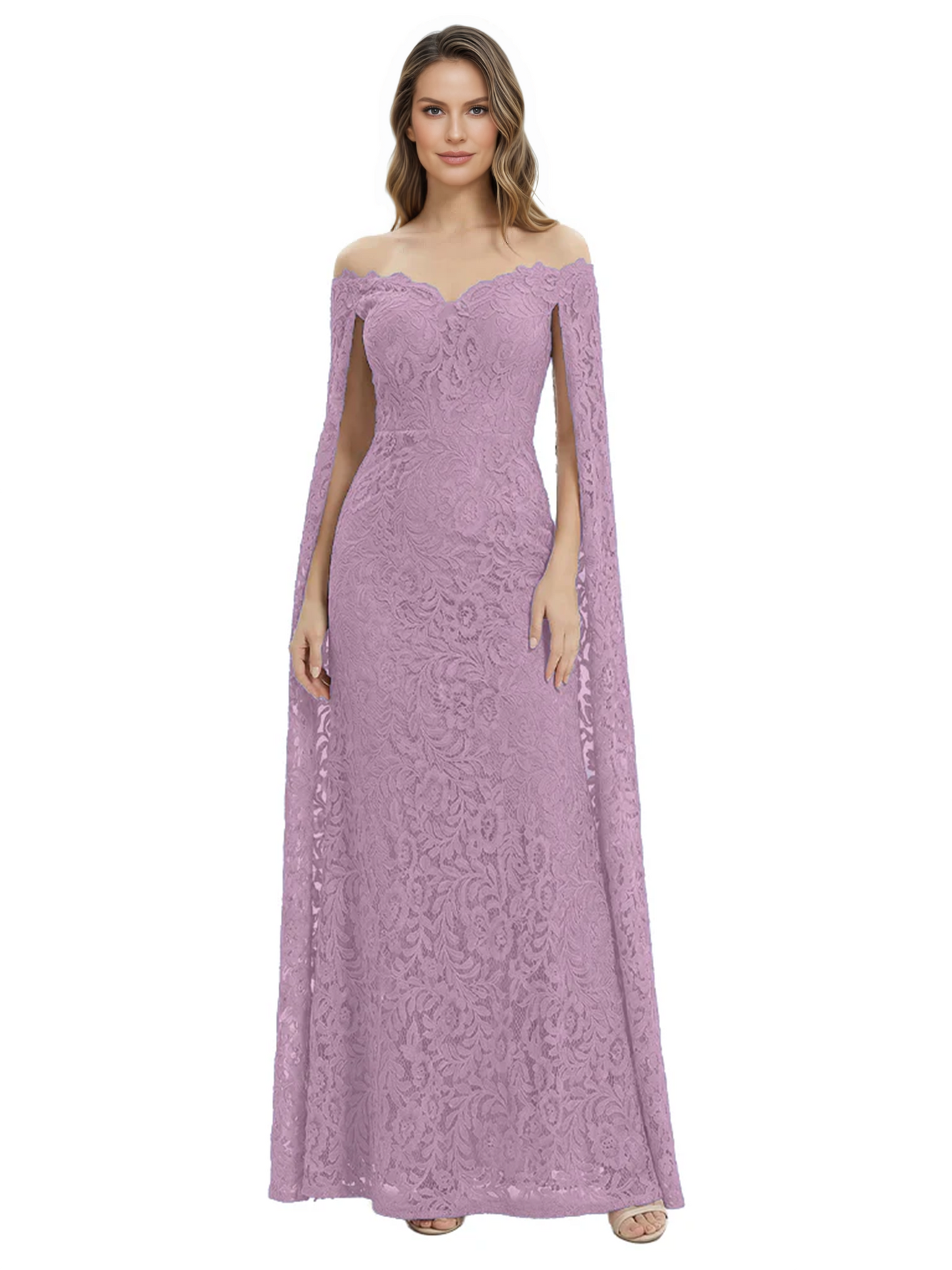 Elegant Mother of the Groom Gown Floral Lace Embroidered Formal Dress with Cape