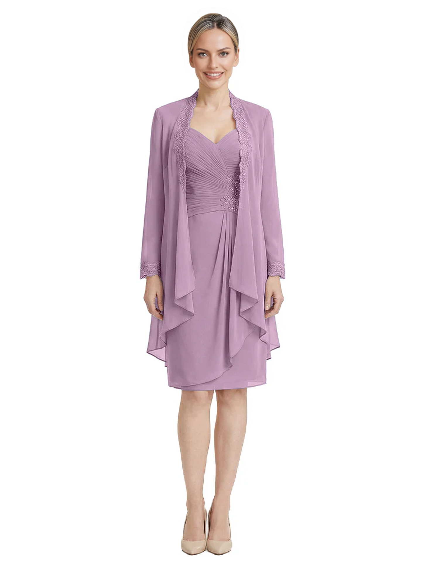 2PCS Knee Length Chiffon Mother of the Brides Dresses Short V-Neck