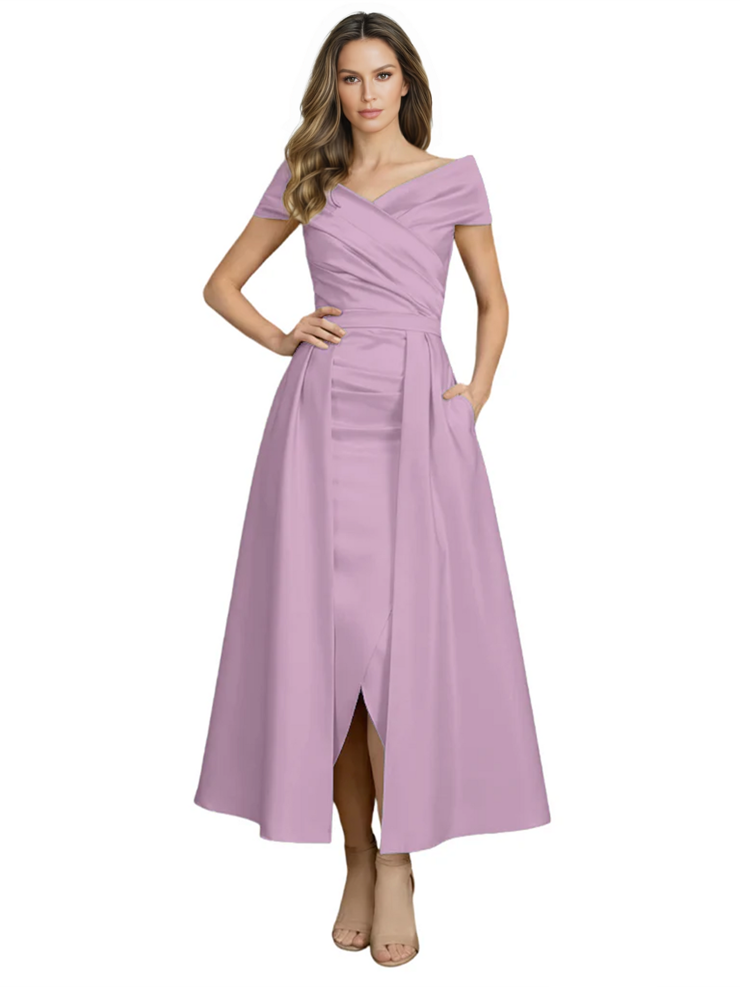 Formal Floor-Length Mother of the Bride Gown Satin Maxi Dress with Slit Off Shoulder