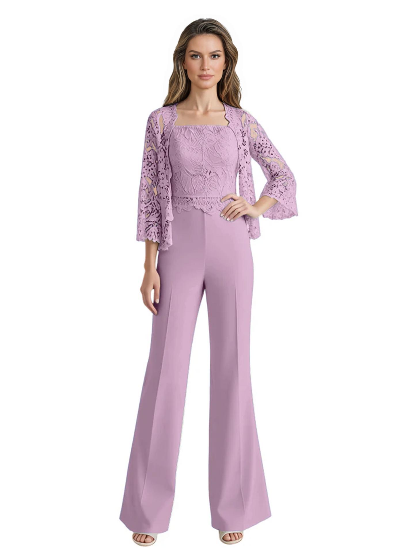 Mother of the Bride Jumpsuit with Lace Jacket 3/4 Sleeve Formal Pant Suit