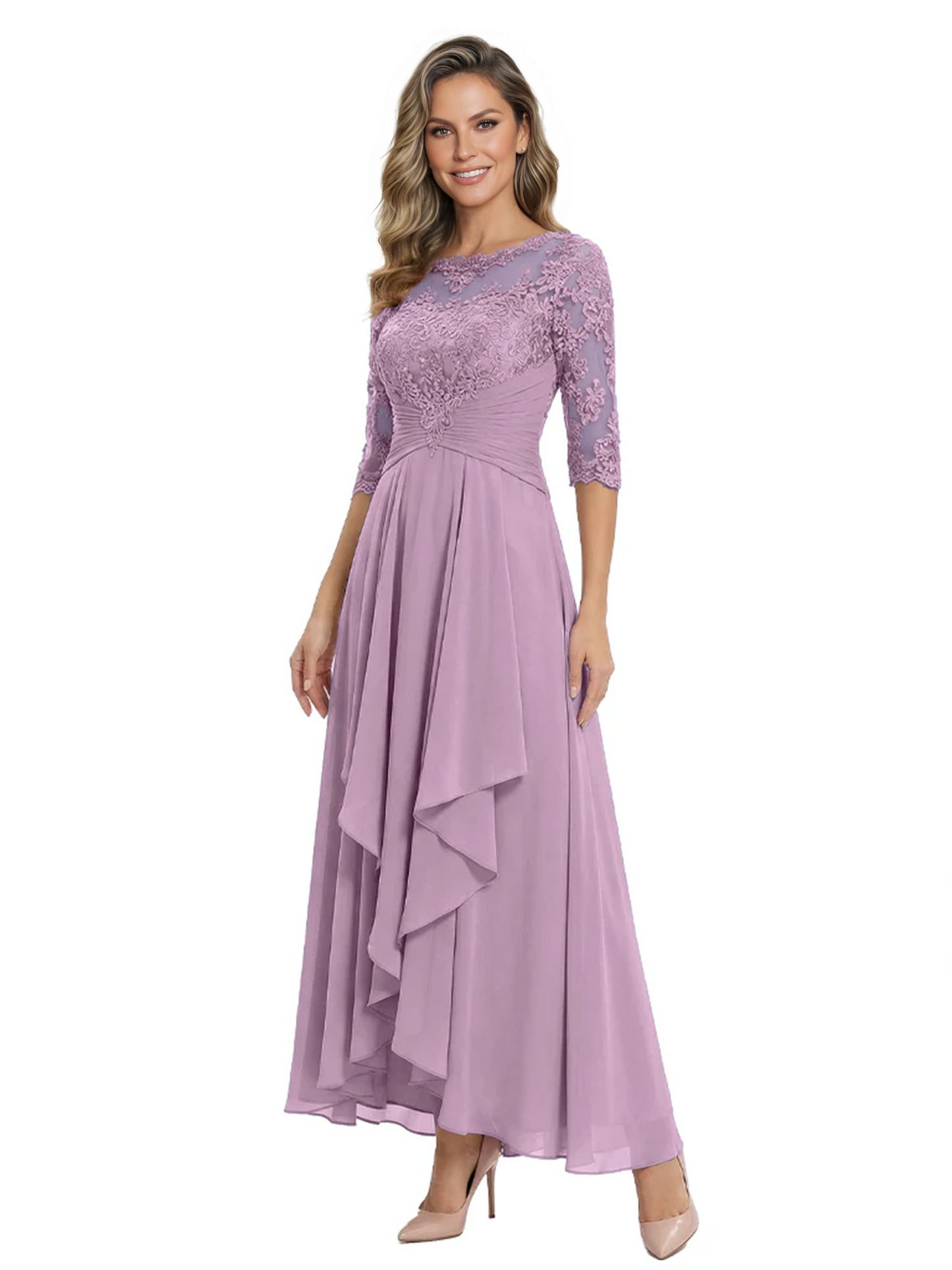 3/4 Sleeve Mother of the Bride Dress with Lace Embroidery High-Low Hem 2026