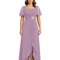 Formal High-Low Mother of the Bride Gown Sleeved Chiffon Maxi Dress Ruched Waist