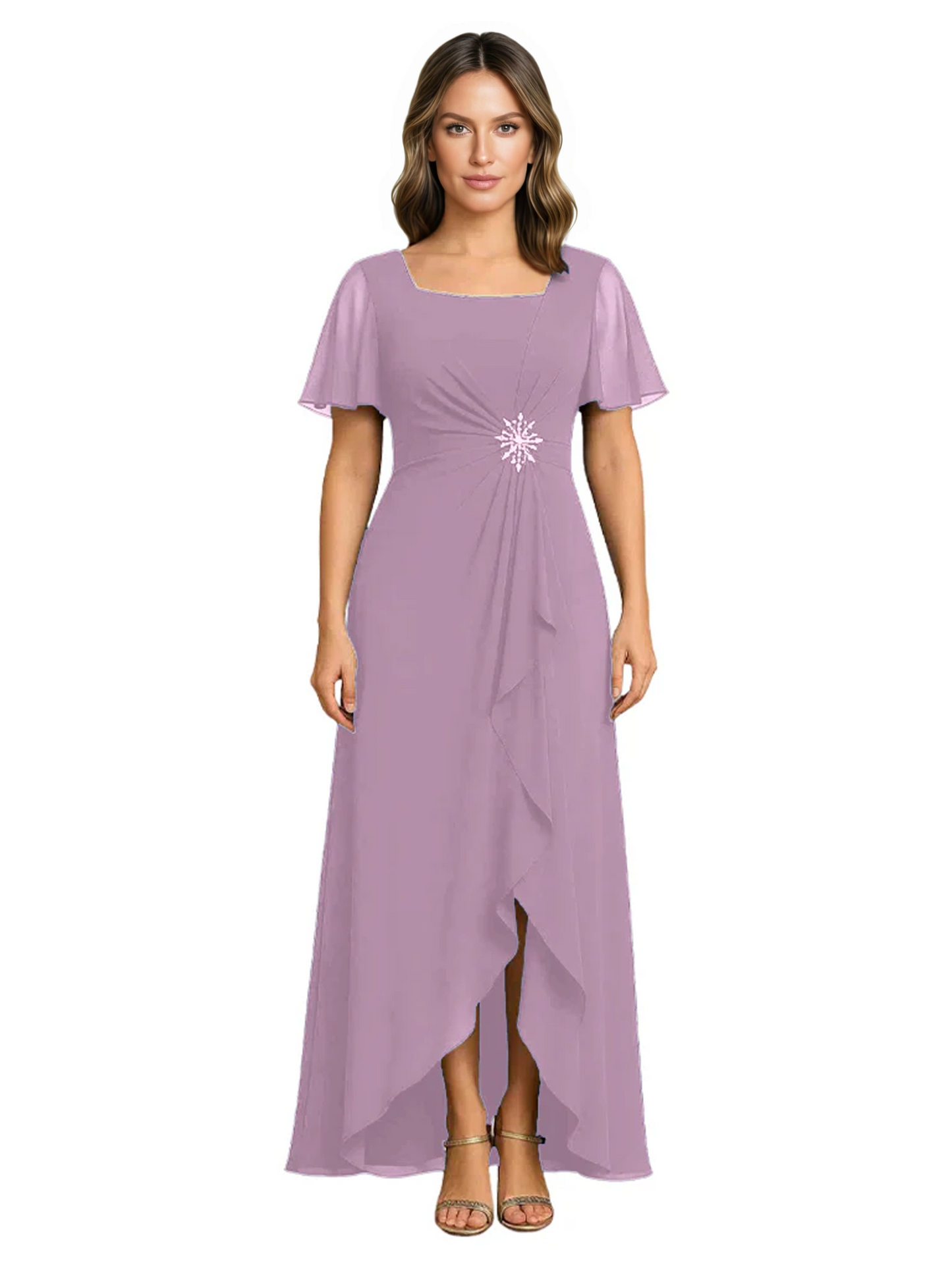 Formal High-Low Mother of the Bride Gown Sleeved Chiffon Maxi Dress Ruched Waist