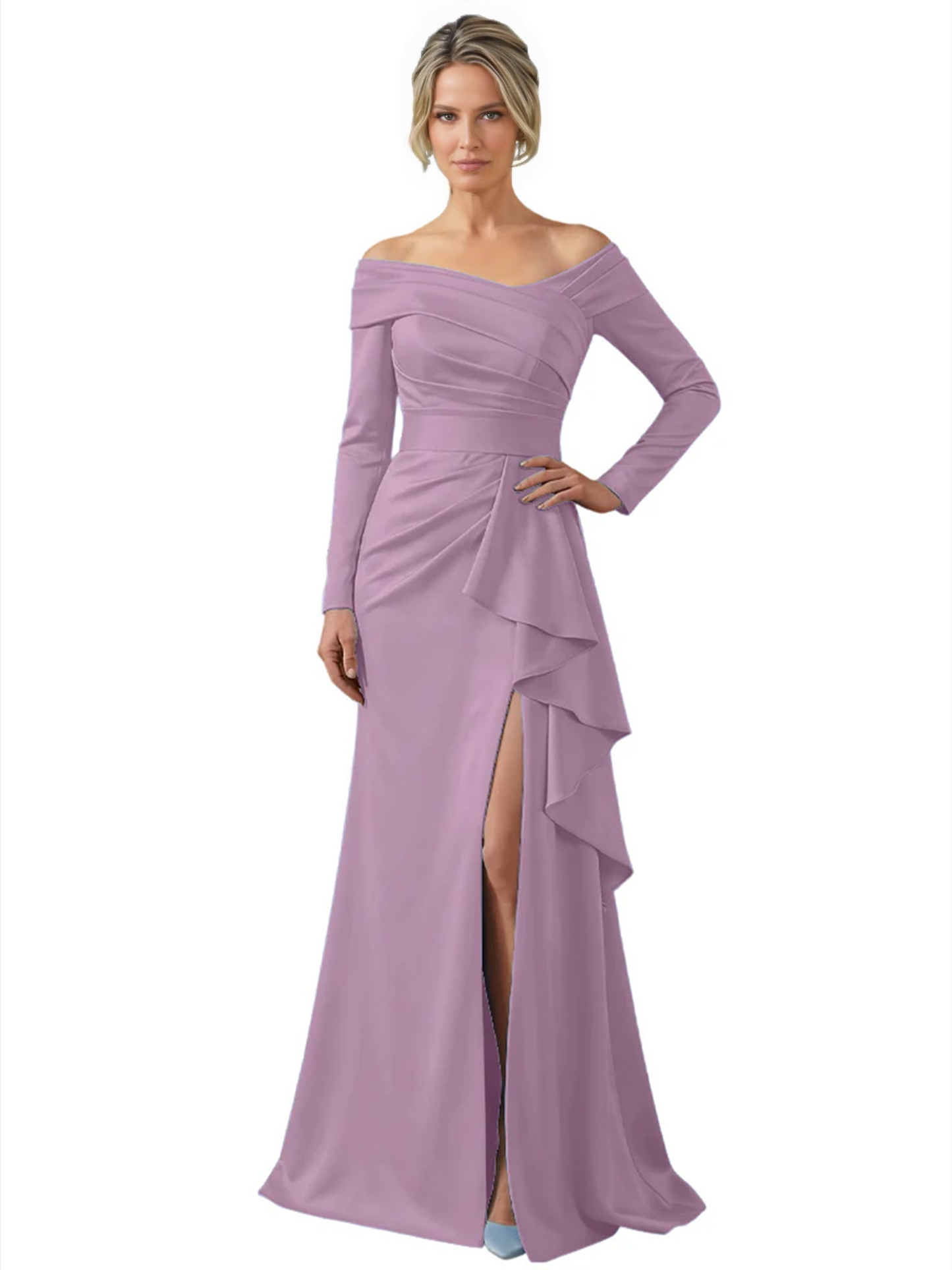 Elegant Mother of the Groom Dress Cascading Ruffle Satin Gown with High Slit Long Sleeves